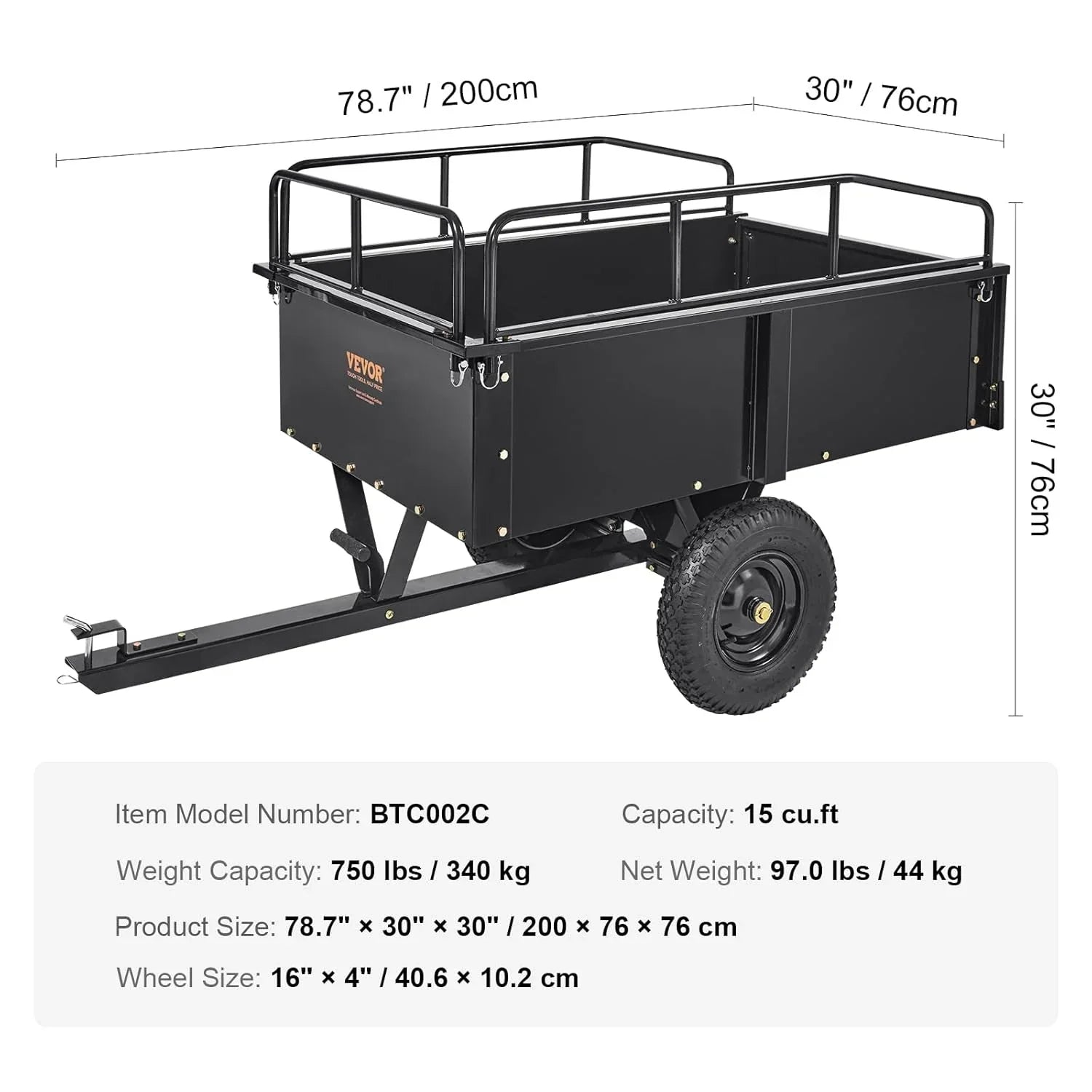 VEVOR Kippanhänger, Ladekapazität 340 kg, robuster Garten-Nutzanhänger mit abnehmbaren Seiten, 0,4 m³ Kipp-Transportwagen für Traktor, Rasenmäher, ATV, 200x66x76cm