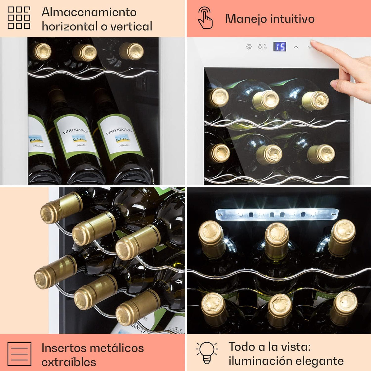 KLARSTEIN Vinoteca para Vinos de 44L Nevera Vino Una Zona, Botellas Vino, Proseco y Cervezas, Vinoteca Pequeña Puerta Cristal para Interior y Exterior, Nevera para Vinos Capacidad 15 Botellas