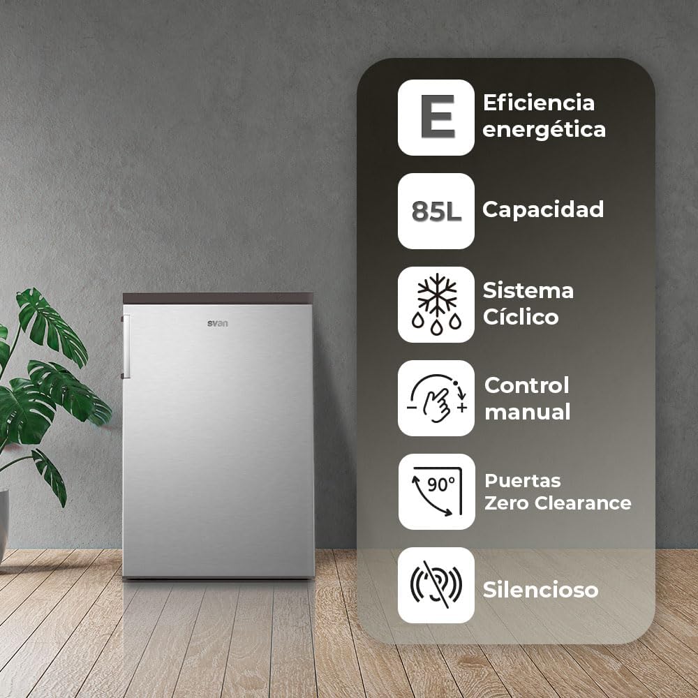 Svan Gefrierschrank Inox SCV855500EX. 85 Liter Fassungsvermögen, wechselbarer Türanschlag, geringe Geräuschentwicklung, Energieeffizienzklasse E