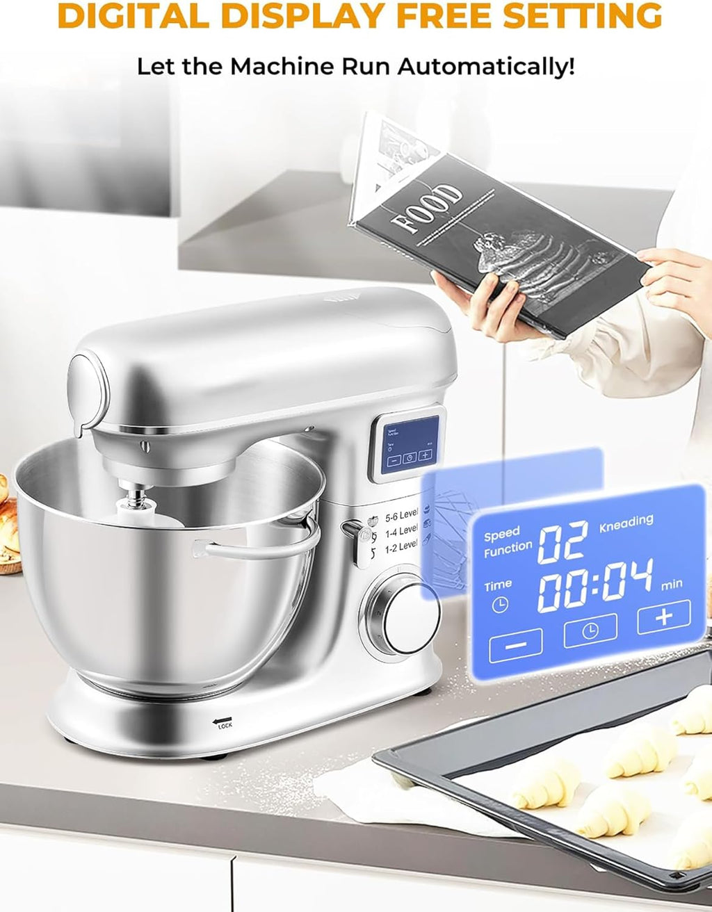 8L Standmixer - Elektrische Küchenmaschine mit LED-Display, 6 Geschwindigkeiten, Kippkopf, Edelstahlschüssel, inkl. Fleischwolf, Knethaken, Schneebesen