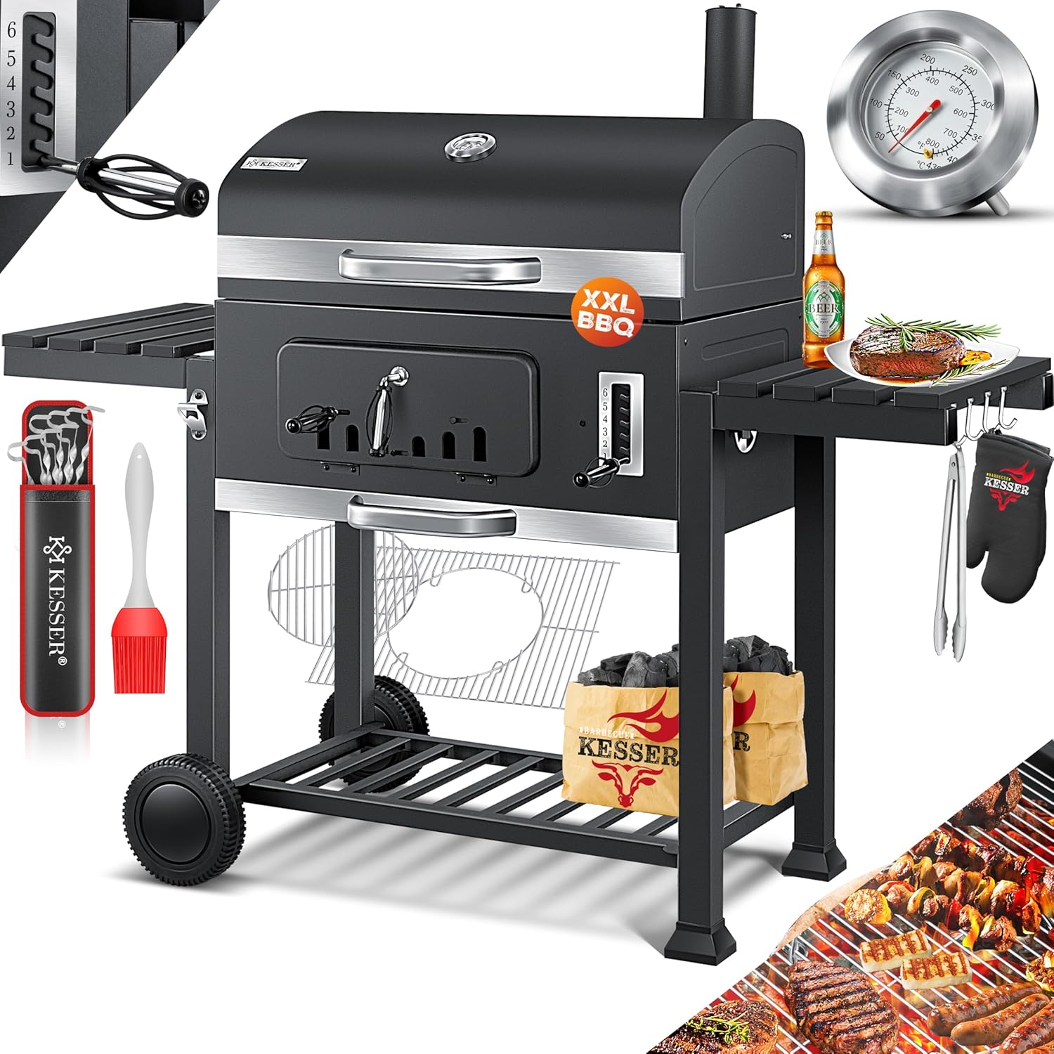 KESSER® Holzkohlegrill mit Wagen Grill mit Deckel, Rädern, Edelstahlgriff | Grill und Thermometer Großer Holzkohlegrill BBQ Grill Camping, Terrasse, Garten XXL Grau