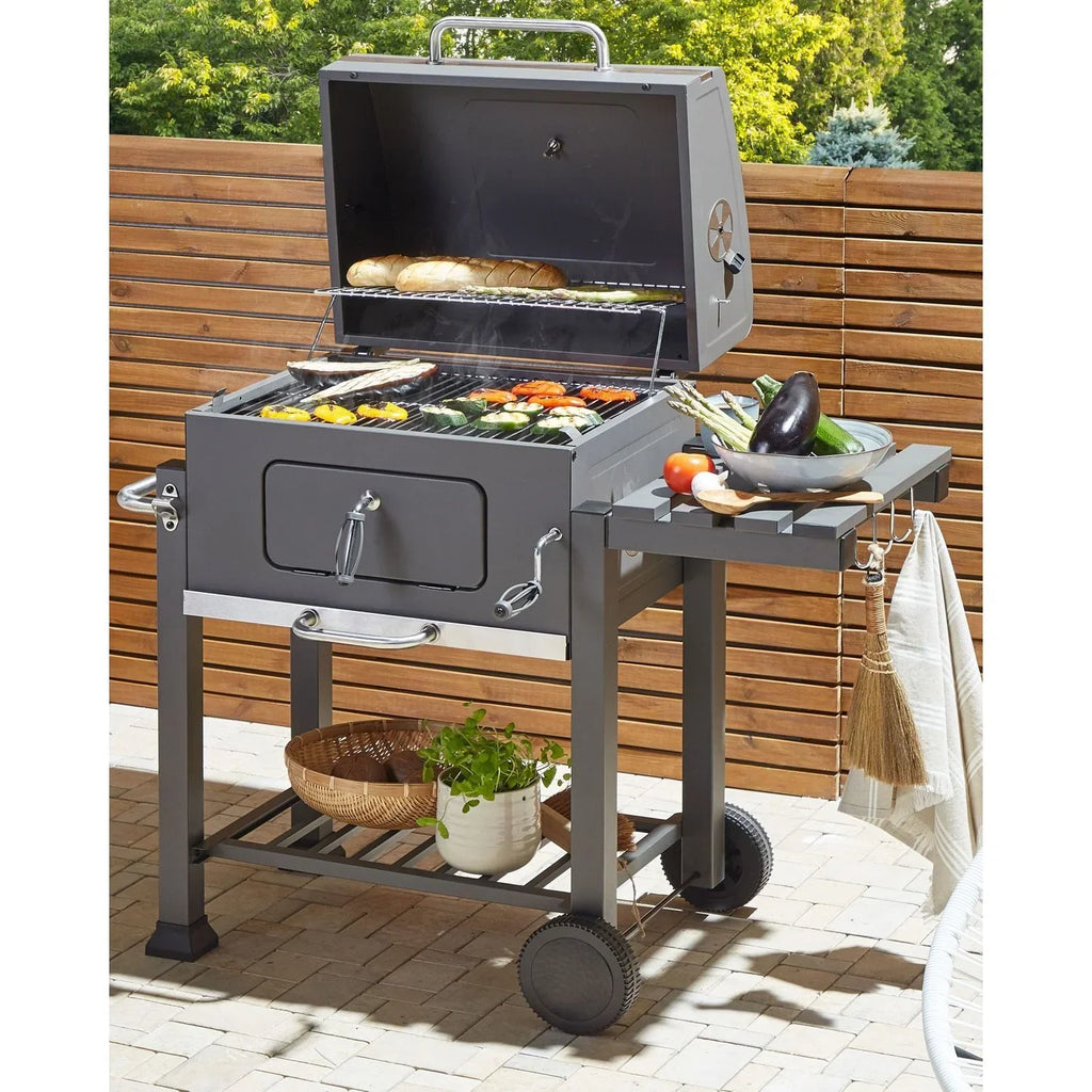 Barbacoa De Carbón Parrilla De Acero Gris Con Tapa Rejilla Ruedas 2 Estantes Termómetro Cenicero Extraíble Jardín Pavlof - Gris