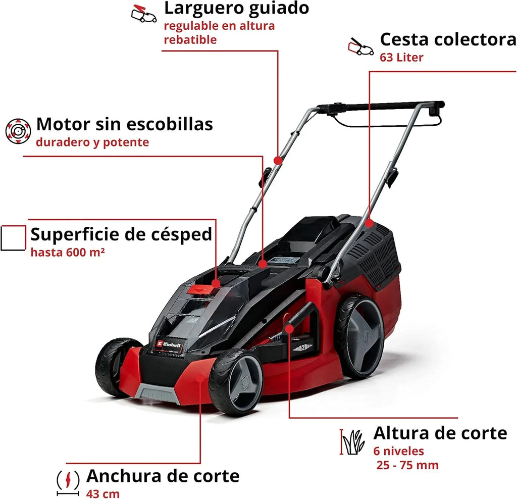 Einhell Battery mower GE-CM 43 Li M Kit Power X-Change (36V, 43 cm Cutting Width, up to 600 m², Brushless, Mulching Function, 63L Collecting Bag, with 2 x 4.0 Ah Batteries and 2 x Chargers)