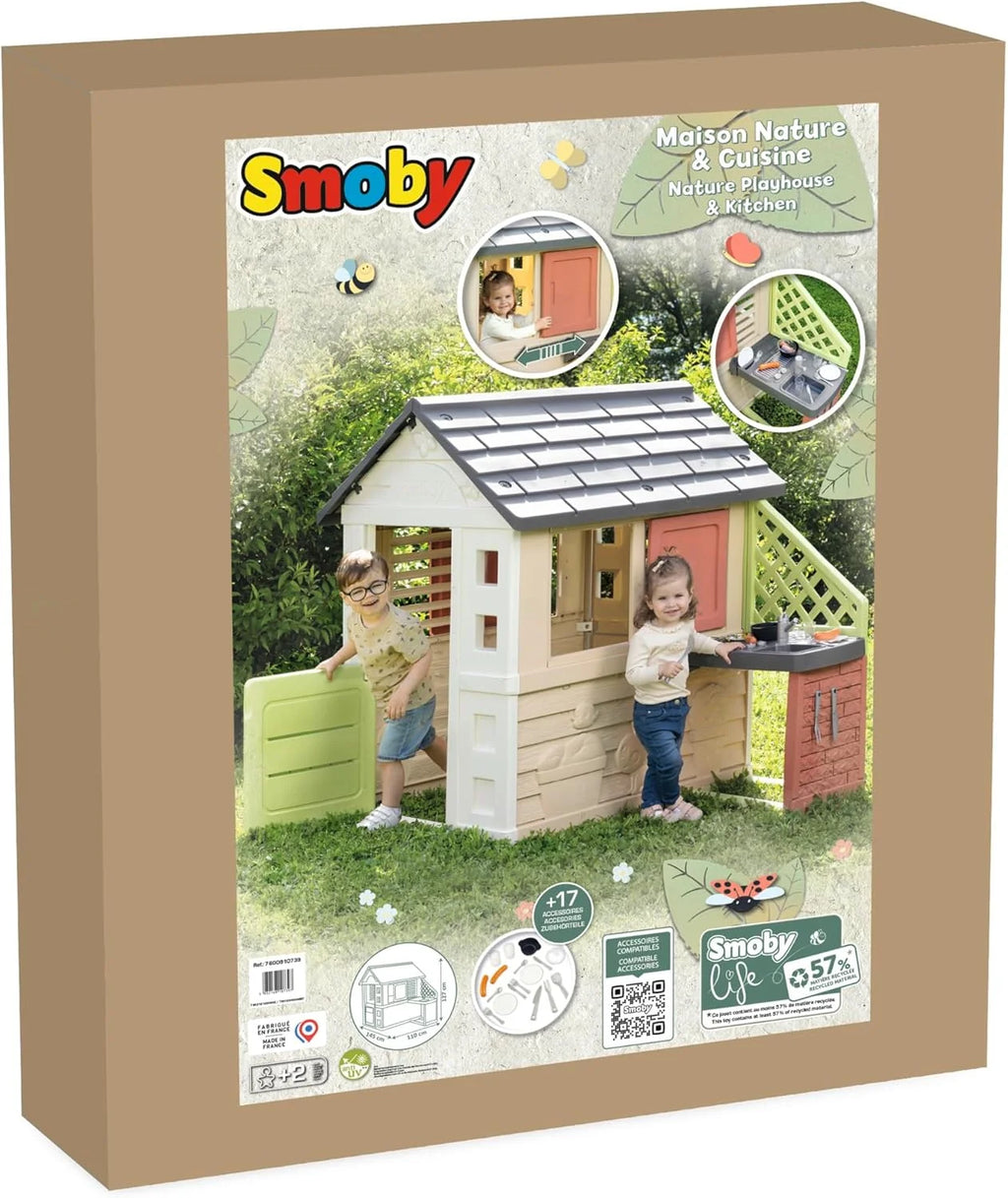 Smoby Life Casa Nature con Cocina de Juguete - Casita Infantil Interior y Exterior - Material Reciclado UV Resistente - A Partir 2 años - Cocina y Accesorios Incluidos - (7600810739)