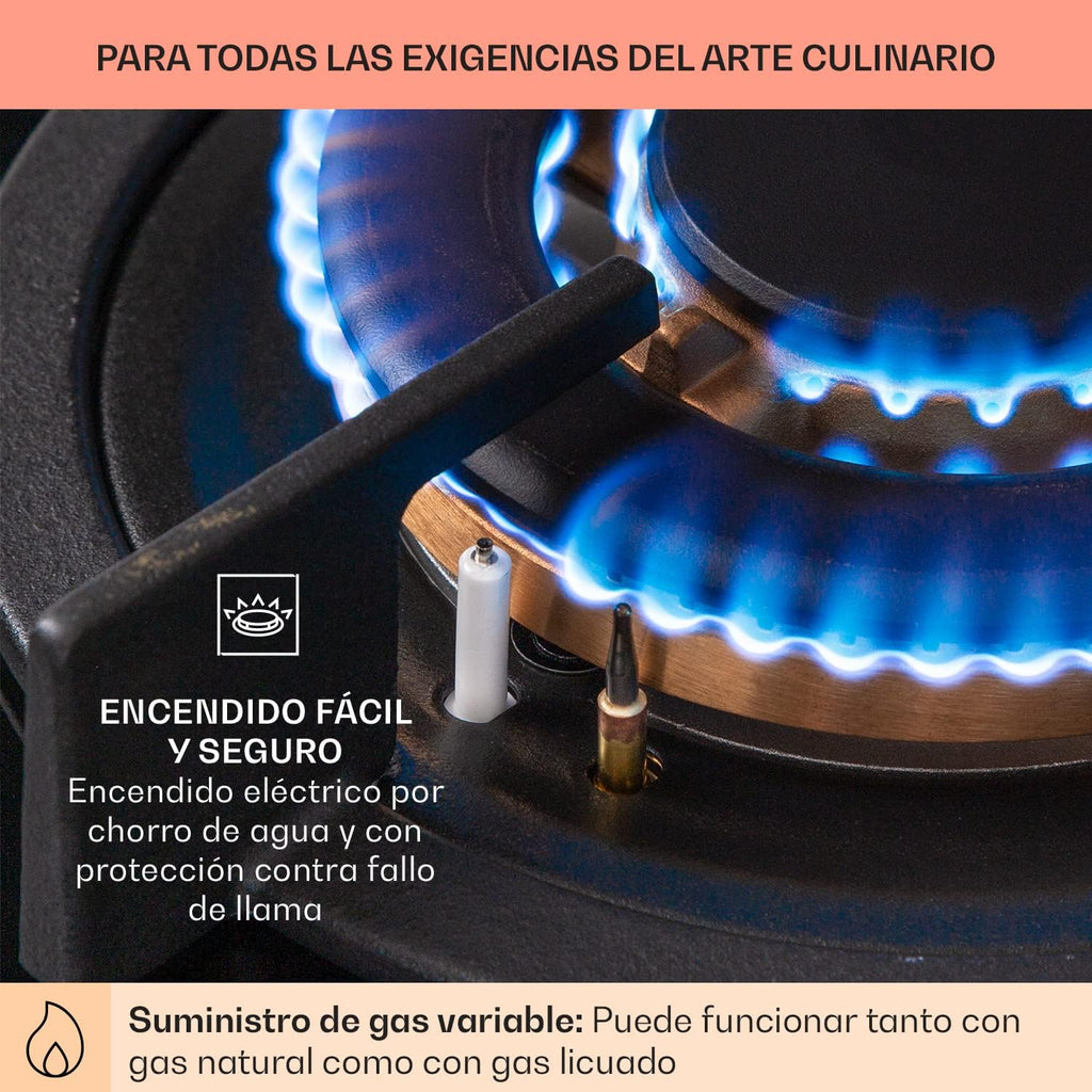 Klarstein Cocina de Gas Butano, Placa de Gas 4 Fuegos 8000W, Placa Vitroceramica Gas Integrada para Cocina, Placa Gas Butano de Diseño, Encimera Gas de Fogones con Base de vidrio y Acero Inoxidable