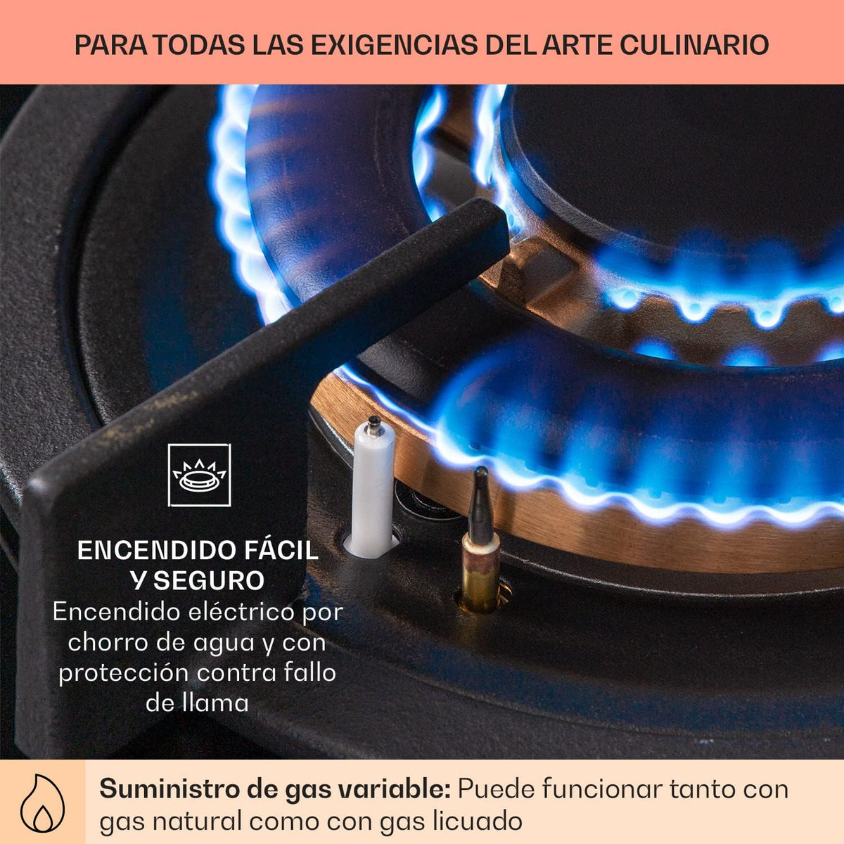 Klarstein Cocina de Gas Butano, Placa de Gas 4 Fuegos 8000W, Placa Vitroceramica Gas Integrada para Cocina, Placa Gas Butano de Diseño, Encimera Gas de Fogones con Base de vidrio y Acero Inoxidable
