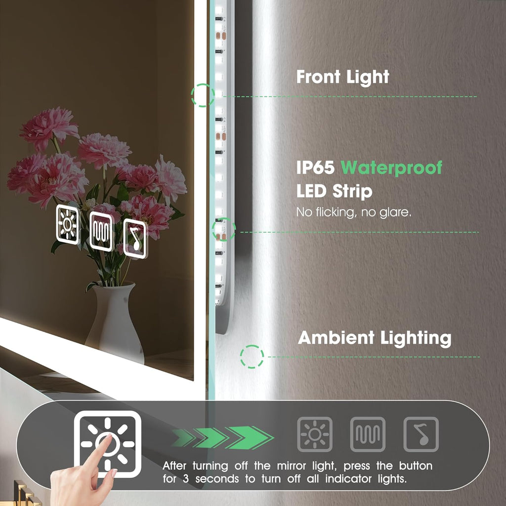 S'bagno Badezimmerspiegel mit Beleuchtung 120x70cm, LED-Badezimmerspiegel Bluetooth mit Antibeschlagfunktion, 3000K/4000K/6500K, dimmbar, Memory-Funktion, HD-Hartglas, IP44-LED-Badezimmerspiegel, Horizontal/Vertikal