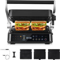 AMZCHEF Parrilla Eléctrica con 6 Programas, Función Sear hasta 280°C, Modo Manual, Sensor de Temperatura, Placas Desmontables y Bandeja para Gofres, Ideal para Carne, Pescado, Paninis y Gofres