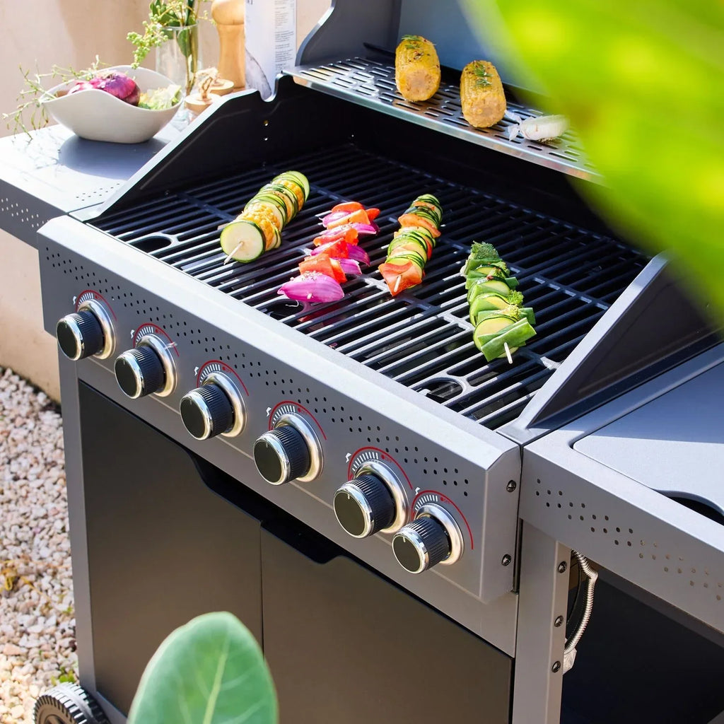 Gasgrill 5 Brenner + 1 Seitenbrenner, Schwarz