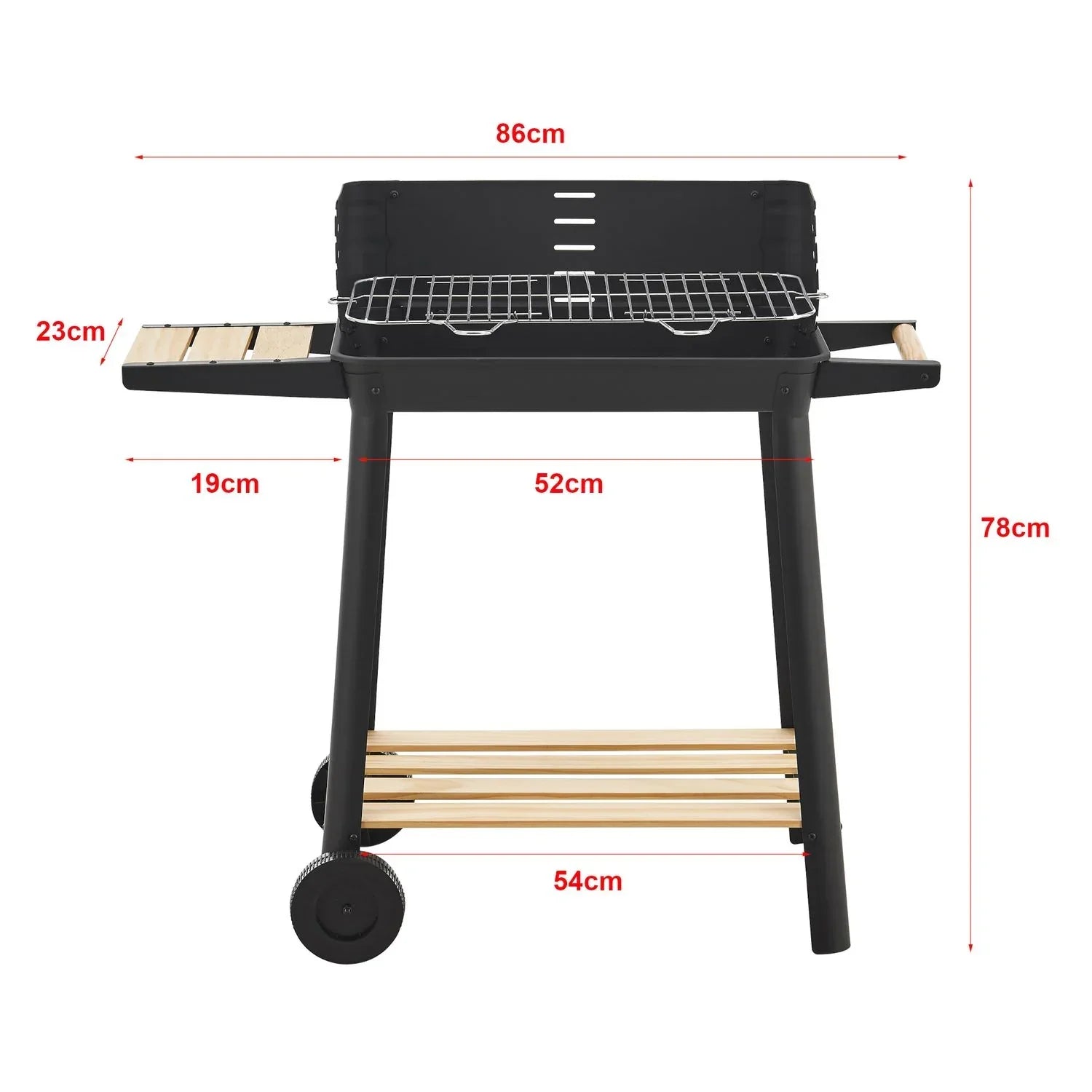 Holzkohlegrill Ari mit 2 Rädern 78x86x30cm - Schwarz/Holz [casa.pro]