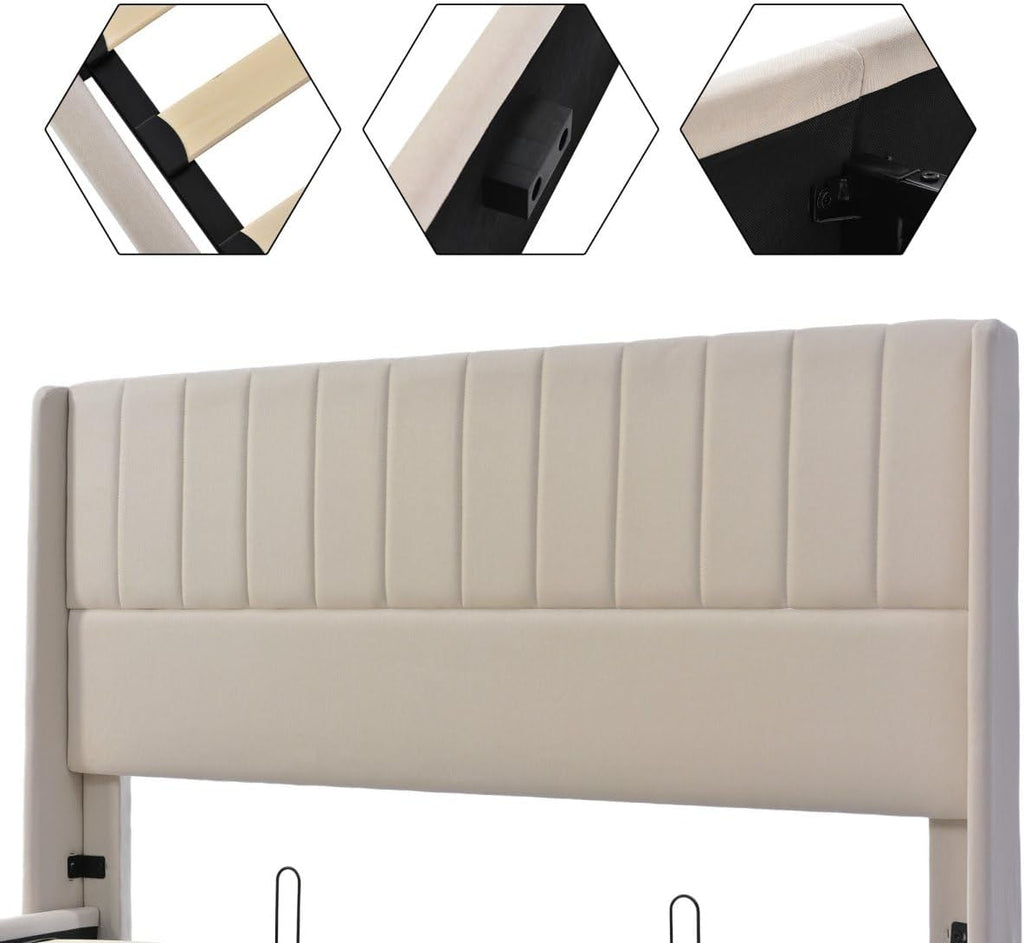 Sweiko Upholstered Linen Bed 180 x 200 cm Hydraulic with Vertical Stripe Design