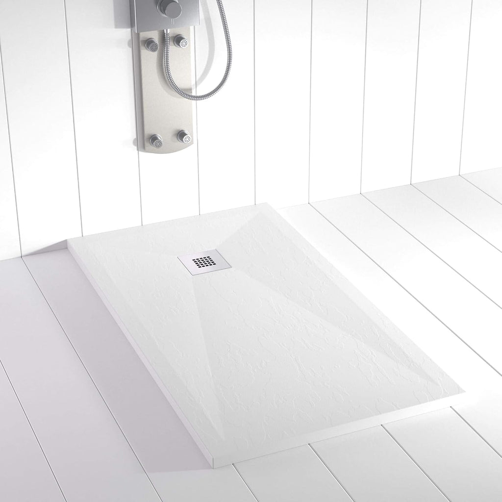 Duschwanne Harz PLES Weiß 150x80 – Schieferoptik – Rutschfest – Inklusive Rost und Siphon