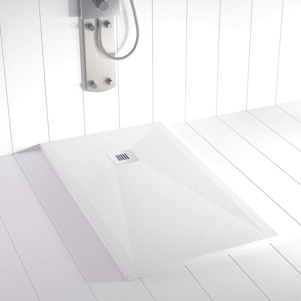 Duschwanne Harz PLES Weiß 150x80 – Schieferoptik – Rutschfest – Inklusive Rost und Siphon