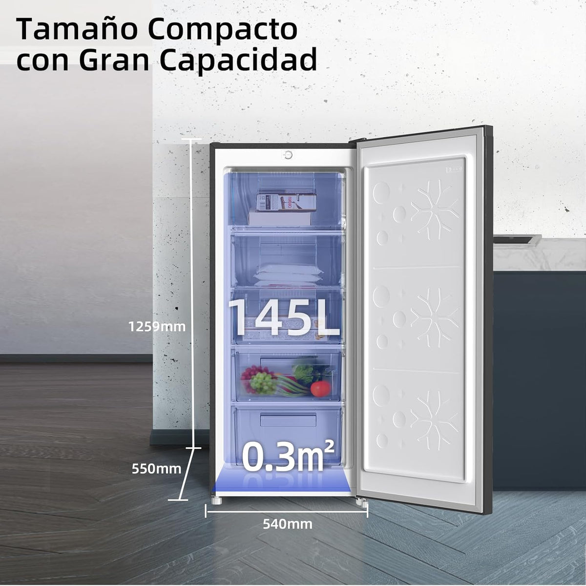 Congelador vertical independiente CHiQ, 145L de capacidad, congelación rápida, termostato ajustable, silencioso, puerta reversible, negro, clasificación energética E