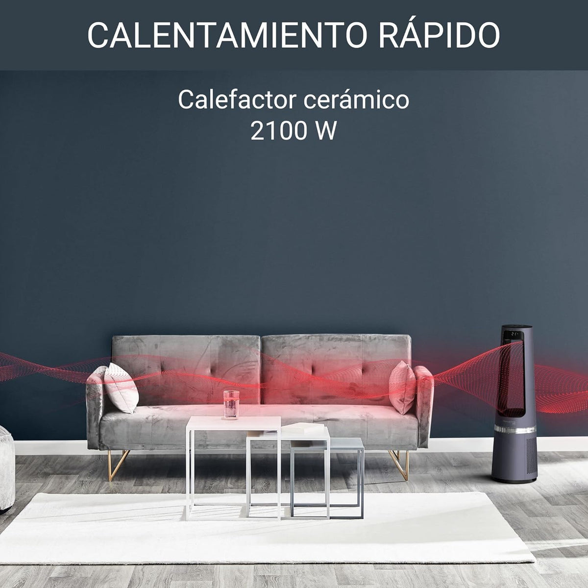 Rowenta Eclipse 3 en 1, Ventilador, purificador y calefactor de 2100 W, filtra hasta el 99,95 % partículas, silencioso, oscilación, luz decorativa, encendido programable, plata, QU5062