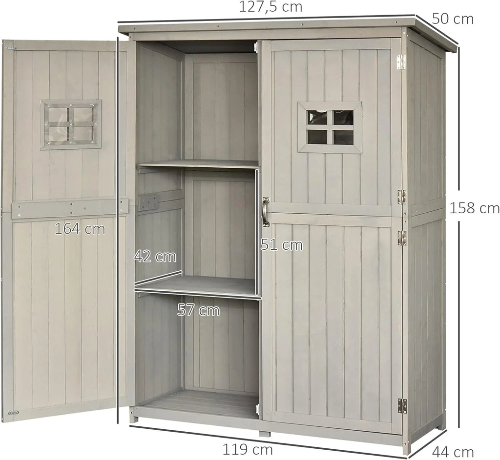 Outsunny Cobertizo de Madera Caseta Exterior Armario Herramientas de Jardinería Doble Puertas Techo Impermeable Compartimientos de Diferentes Tamaños 127.5x50x164cm Madera Maciza
