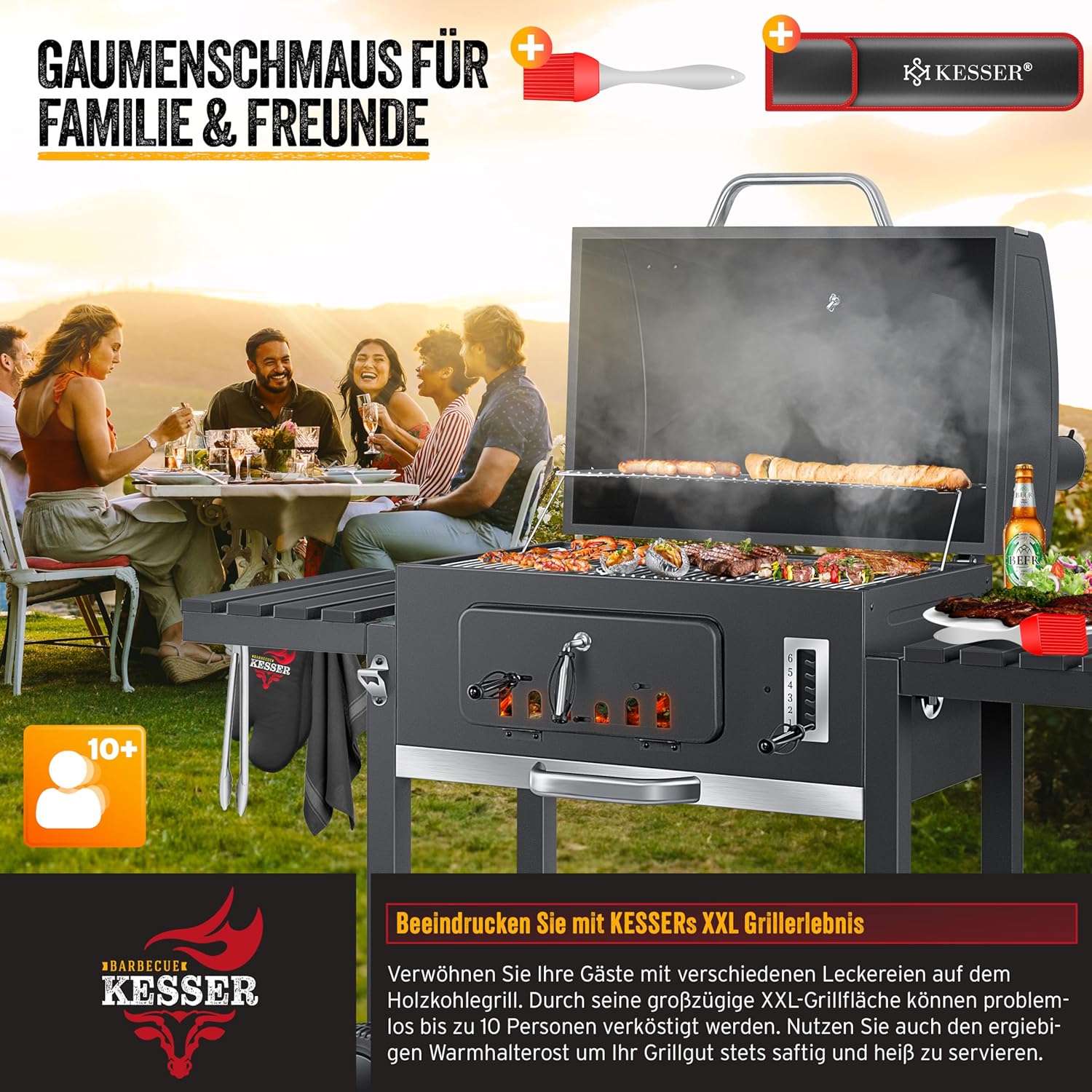 KESSER® Holzkohlegrill mit Wagen Grill mit Deckel, Rädern, Edelstahlgriff | Grill und Thermometer Großer Holzkohlegrill BBQ Grill Camping, Terrasse, Garten XXL Grau