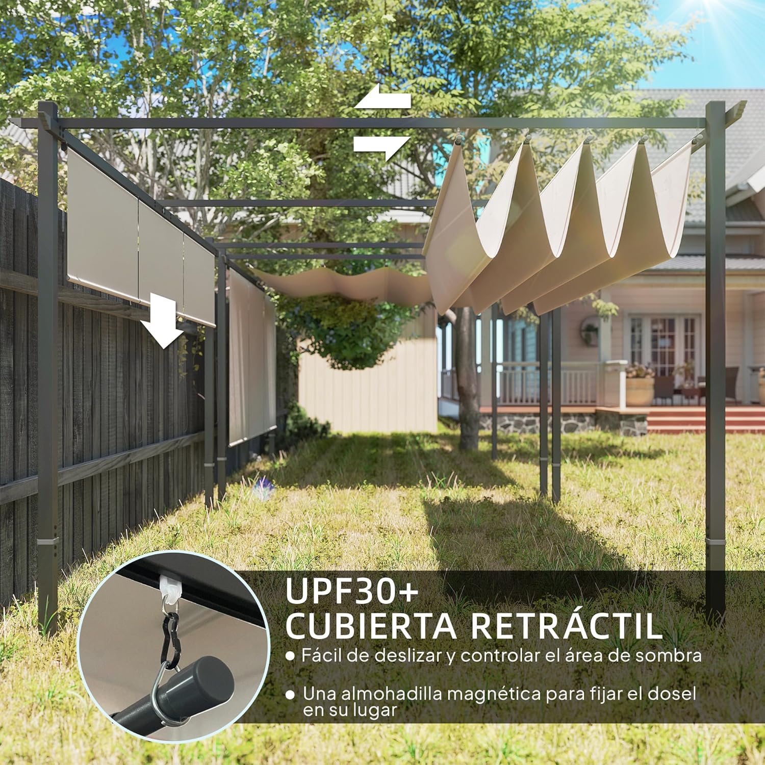 Outsunny Pérgola de Jardín 4x3 m con Techo Retráctil y 3 Laterales Enrollables, Cenador de Jardín Montado en Pared o Independiente, con UPF30+, Estructura Metálica, Pabellón para Exterior, Beige