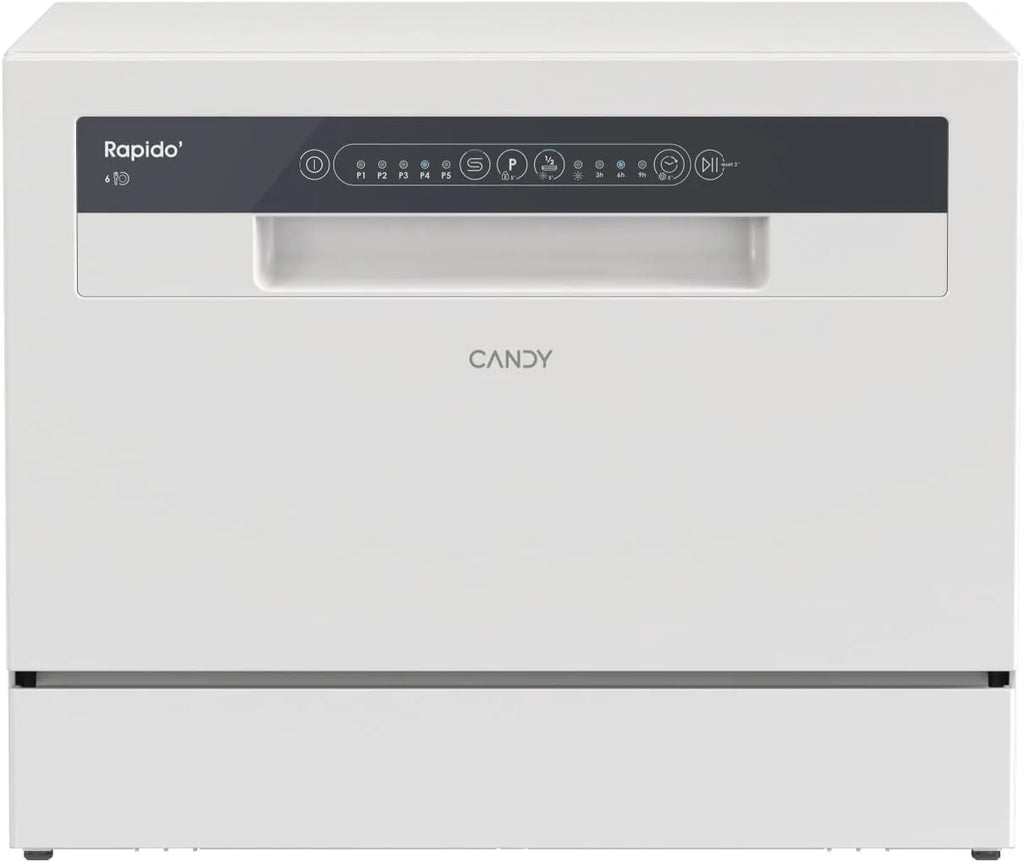Candy CP 6E51LW Lavavajillas Pequeño y Compacto, 6 Servicios, Digital, 51DBA, 5 Ciclos, Media Carga, Inicio Diferido 3-6-9 horas, Indicador Sal y Abrillantador, Indicador Fin de Ciclo, Blanco