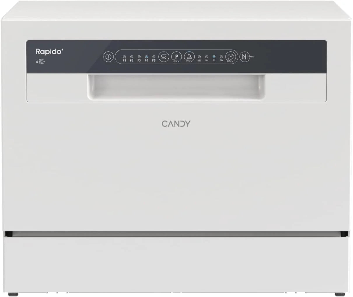 Candy CP 6E51LW Lavavajillas Pequeño y Compacto, 6 Servicios, Digital, 51DBA, 5 Ciclos, Media Carga, Inicio Diferido 3-6-9 horas, Indicador Sal y Abrillantador, Indicador Fin de Ciclo, Blanco