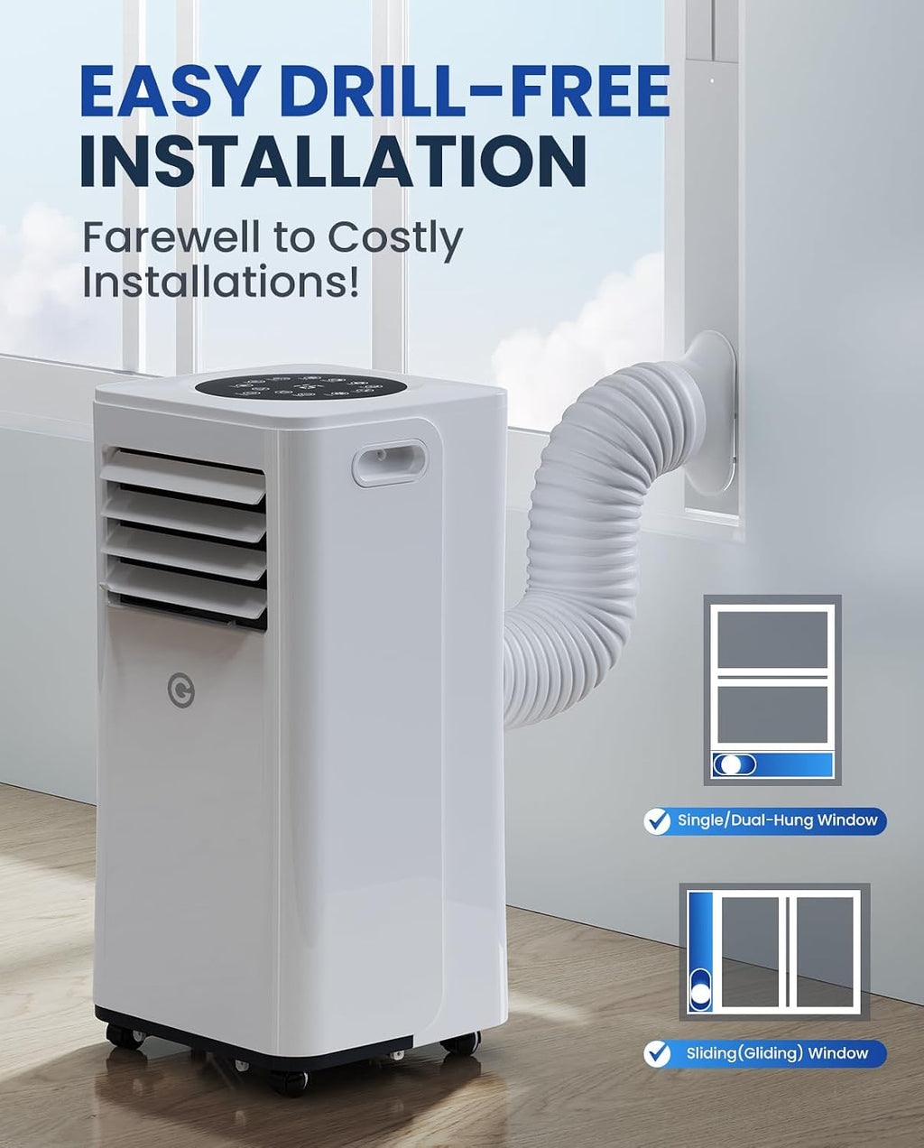 9000 BTU Aire Acondicionado Portátil, 4 en 1: Refrigeración, Ventilador, Deshumidificador y Modo Sueño, Silencioso, con Mando, Temporizador 24h y Kit de Ventana, para Dormitorio, Oficina, Garaje, 33㎡