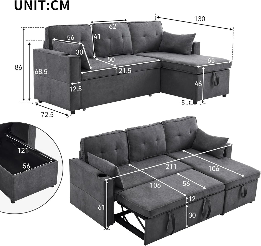 3-Sitzer Schlafsofa mit Getränkehaltern und seitlicher Armlehnentasche, L-förmiges Sofa, rechts und links umbaubar, Grau
