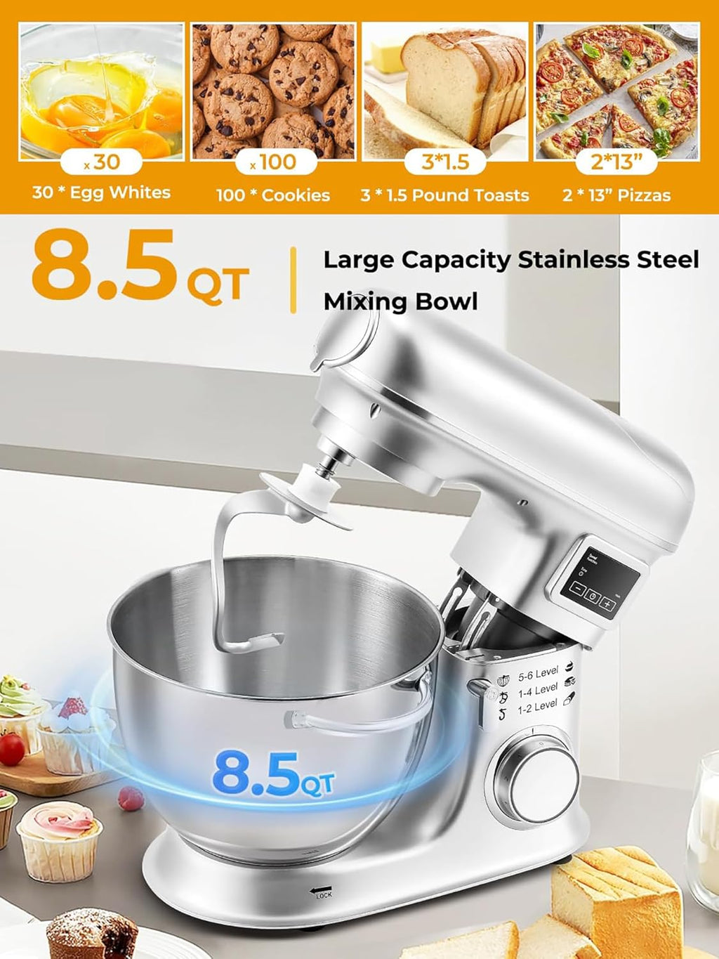 8L Standmixer - Elektrische Küchenmaschine mit LED-Display, 6 Geschwindigkeiten, Kippkopf, Edelstahlschüssel, inkl. Fleischwolf, Knethaken, Schneebesen