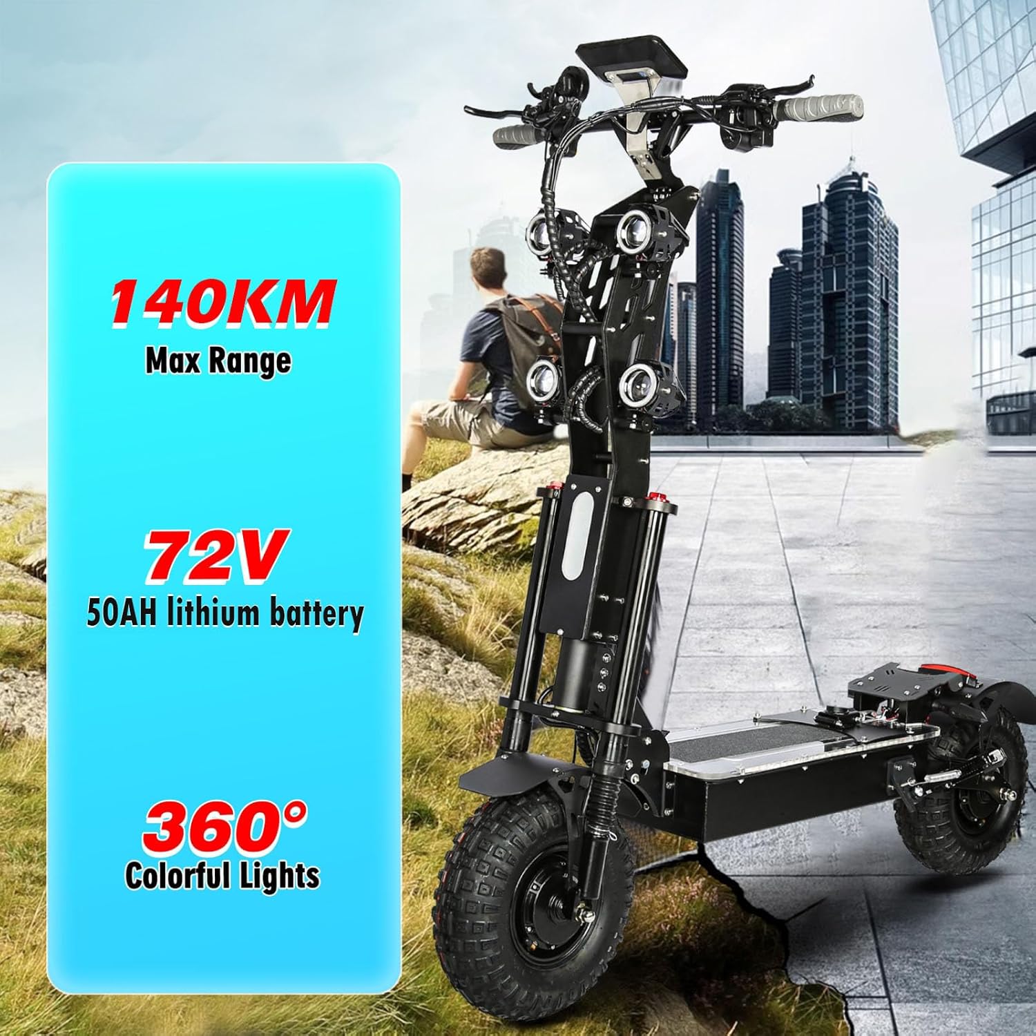 HWWH Patinete Electrico Potente Plegable Scooter Eléctrico Todoterreno Adultos 13 Pulgadas 3 Velocidades Dual Drive Batería de Litio de 72V / 50Ah Duración Máxima de la Batería 120 km