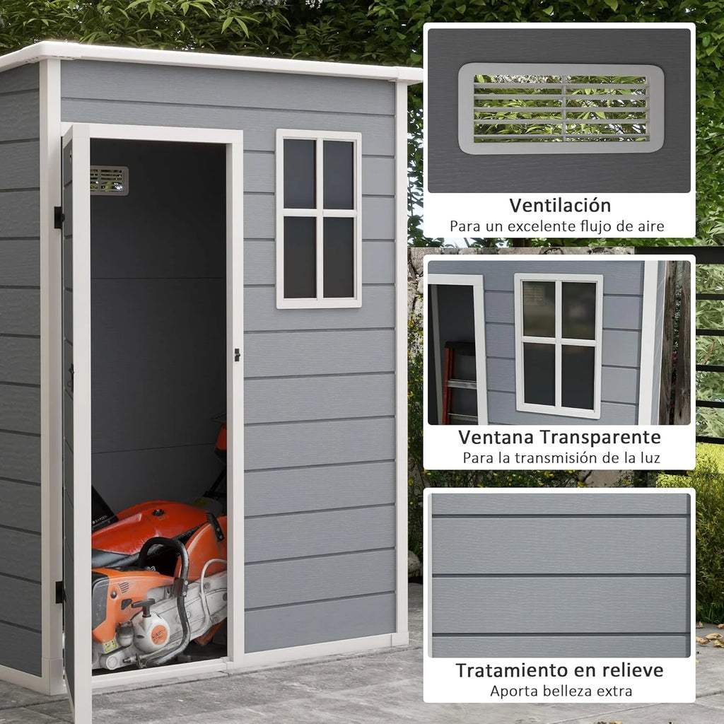 Outsunny Caseta de Jardín Exterior, 1,14 m², 151x92x193 cm, Cobertizo de Jardín Exterior con Suelo, Puerta Corredera, Ventana y Techo Inclinado, para Almacenamiento de Herramientas, Gris