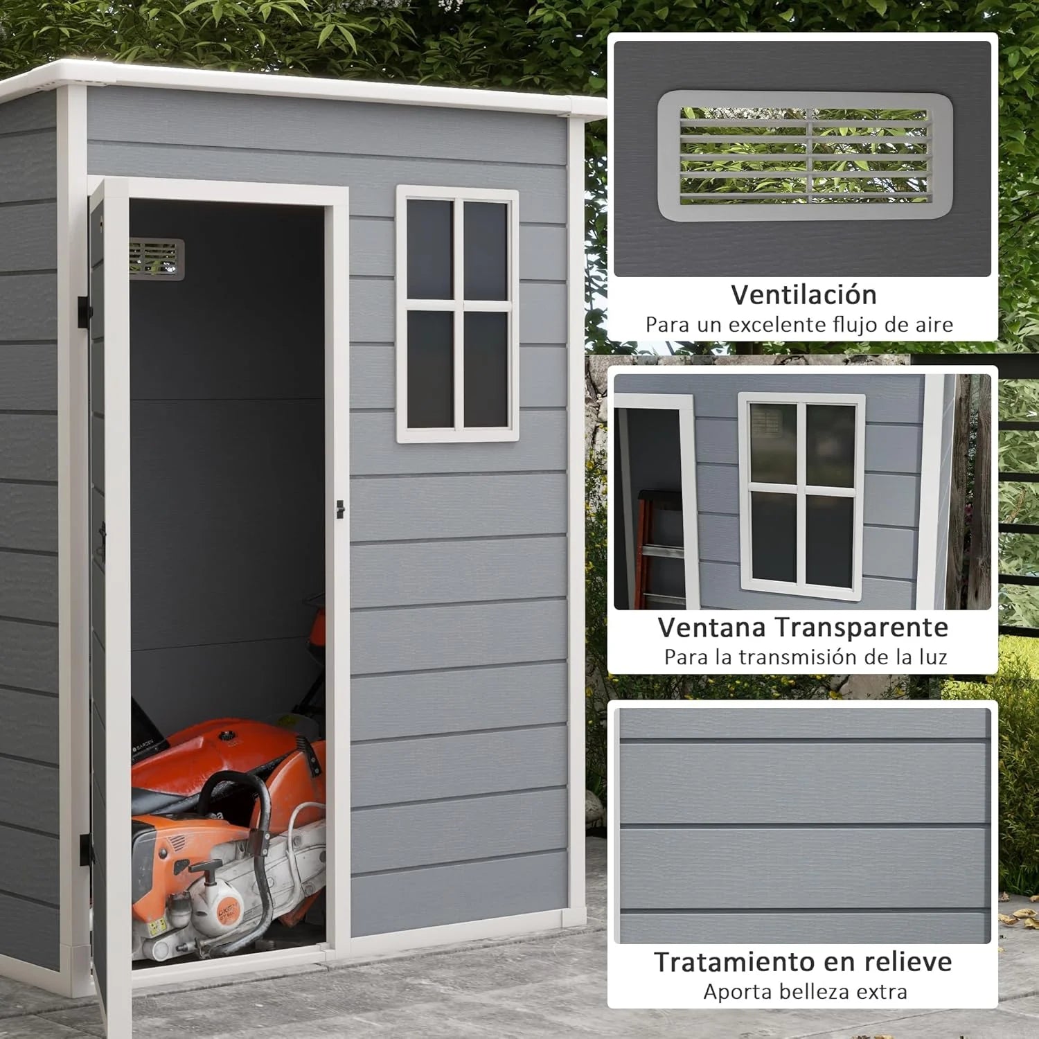Outsunny Caseta de Jardín Exterior, 1,14 m², 151x92x193 cm, Cobertizo de Jardín Exterior con Suelo, Puerta Corredera, Ventana y Techo Inclinado, para Almacenamiento de Herramientas, Gris