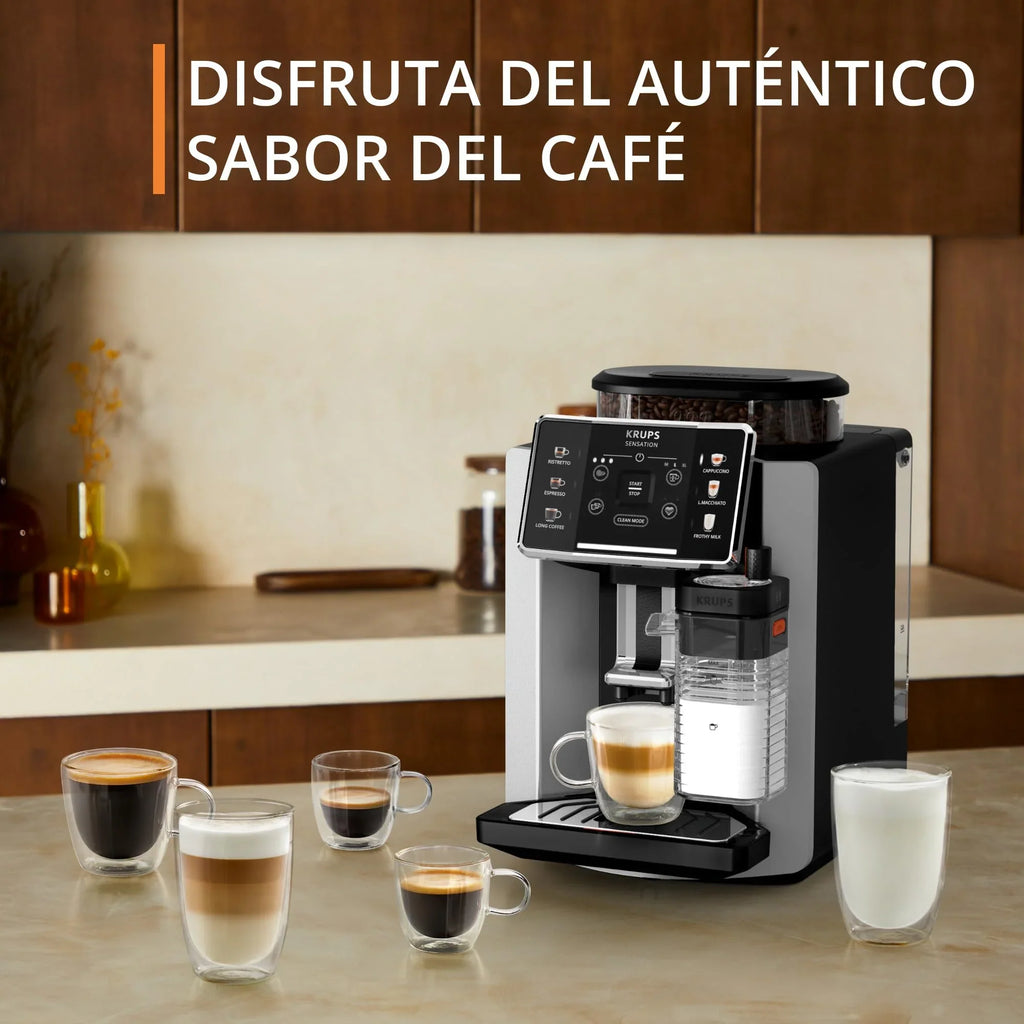 2025 Krups Essential - Cafetera súper automática, 15 Bares de presión, Molinillo cónico de Metal, con selección de cantidad e Intensidad de café, 1.7 l, 1 Cups, Acero, Pantalla LCD + Acc. Leche