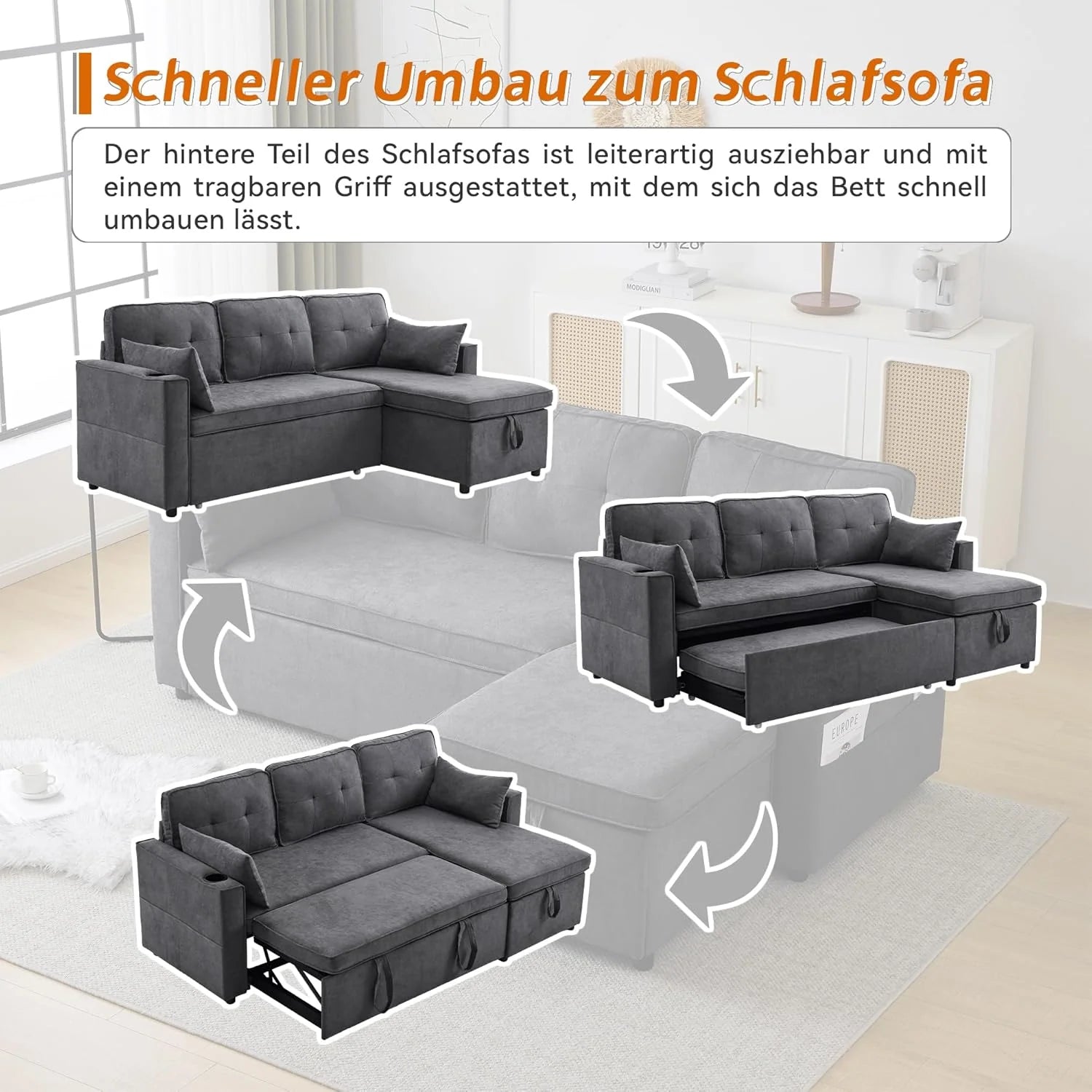 3-Sitzer Schlafsofa mit Getränkehaltern und seitlicher Armlehnentasche, L-förmiges Sofa, rechts und links umbaubar, Grau