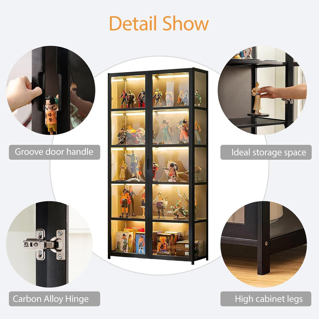 Vitrine aus Acrylglas, Schaukasten mit 5 Regalböden, Sammel-Spielzeug-Organizer, Bücherregal für Schlafzimmer, Leseecke, Kinder, Bambus (Schwarz, Doppeltür)