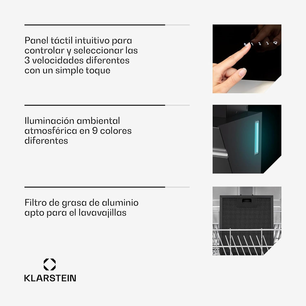 KLARSTEIN Alina Dunstabzugshaube - 570 m³/h, Klasse A, LED, 54 dB, Umluft & Abluft, Dekorative Küchenabzugshaube, Touch-Steuerung, 39,8 cm breit, Schwarz