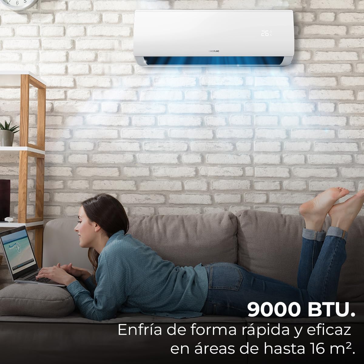 Cecotec Aire Acondicionado Split AirClima 9000 Smartfresh. 9000 BTU, Motor DC, Bomba de Calor, Mando a distancia, Pantalla LED, Sistema Inverter, 5 Modos, 8 Velocidades, Cobertura 16 m2 + compresor