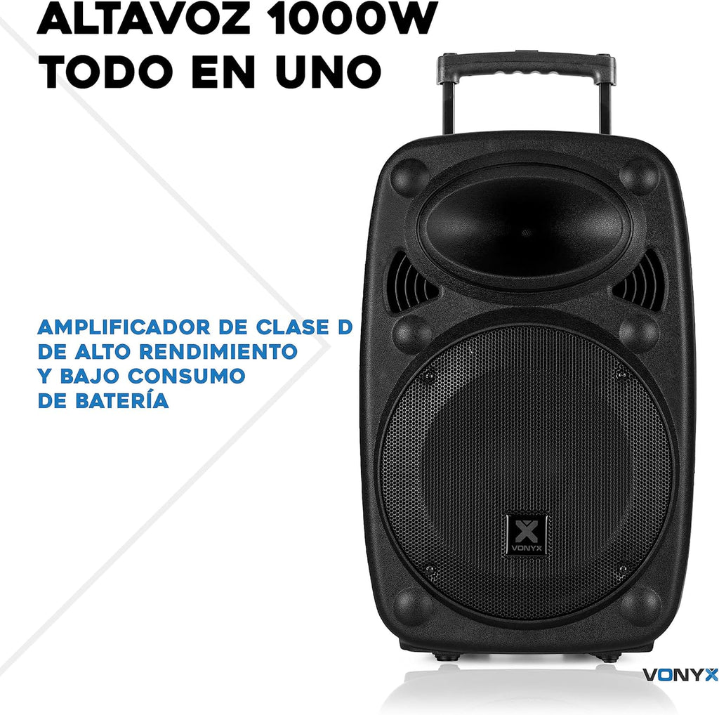 Vonyx Verve46 Leistungsstarker Bluetooth Lautsprecher 1000 W, Tragbarer Aktivlautsprecher mit Karaoke Mikrofon, Bluetooth Lautsprecher USB, SD, MP3, AUX, 2 UHF Mikrofonen, Fernbedienung, Subwoofer 15 Zoll, Schwarz