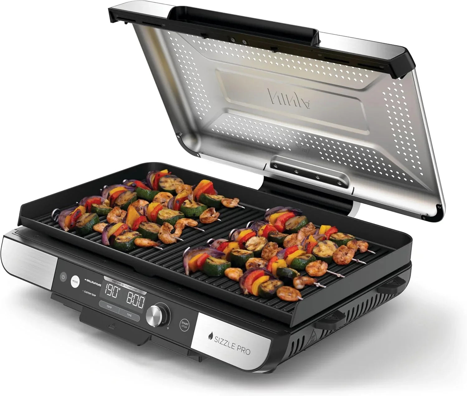 Ninja Sizzle Pro XL Indoor Grill und Bratplatte mit antihaftbeschichteter Keramik-Grill- und Bratplatte, abnehmbarem Deckel, Fettauffangschale und Rezeptheft, Silber/Schwarz GX101EU
