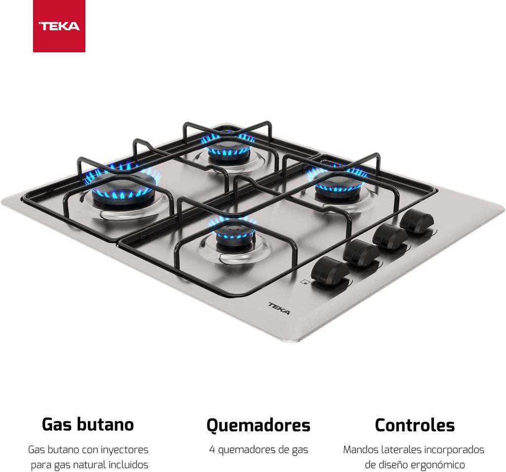 TEKA Placa de Gas Butano, 60 cm, 4 Fuegos, Mandos Ergonómicos, Seguridad Termopar, Parrillas Esmaltadas, HLX 640 KL