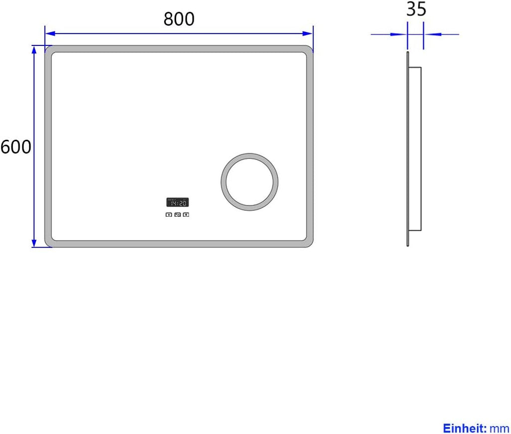 Heilmetz LED Badspiegel mit 3-fach Vergrößerungsspiegel, 80 x 60 cm, mit Touch-Schalter und Antibeschlagfunktion, Uhr und Bluetooth, Dimmbar, Drei Farben, Typ13