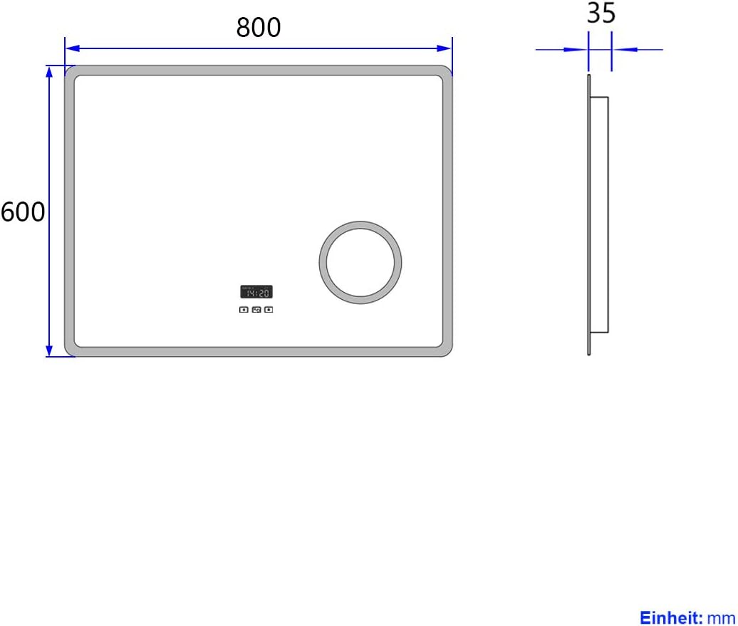 Heilmetz LED Badspiegel mit 3-fach Vergrößerungsspiegel, 80 x 60 cm, mit Touch-Schalter und Antibeschlagfunktion, Uhr und Bluetooth, Dimmbar, Drei Farben, Typ13