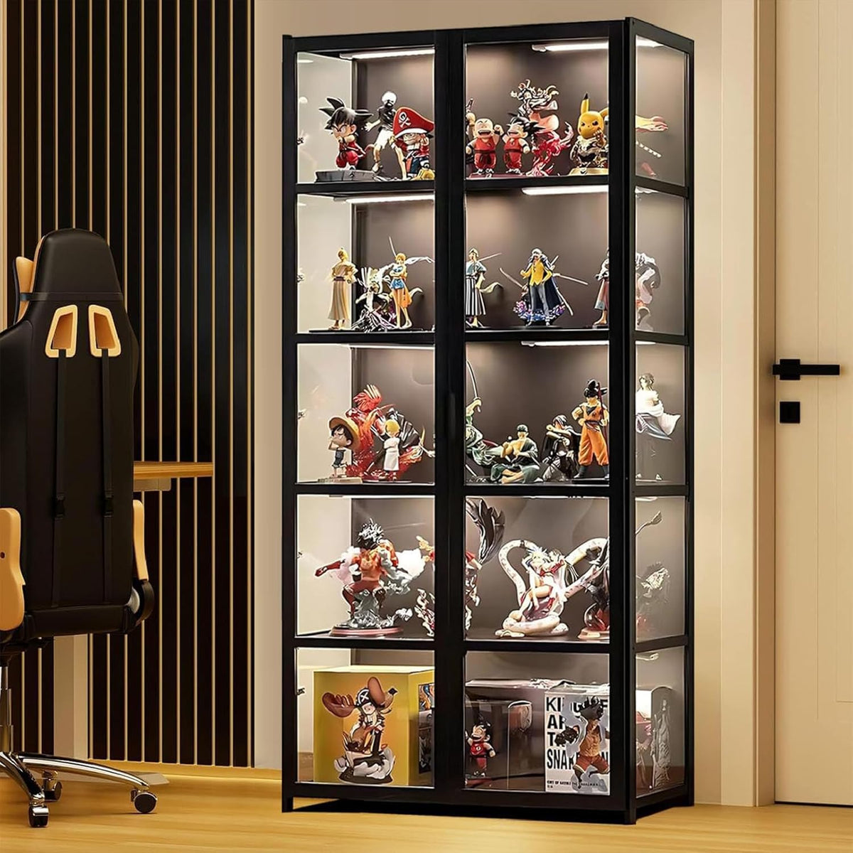Vitrine aus Acrylglas, Schaukasten mit 5 Regalböden, Sammel-Spielzeug-Organizer, Bücherregal für Schlafzimmer, Leseecke, Kinder, Bambus (Schwarz, Doppeltür)