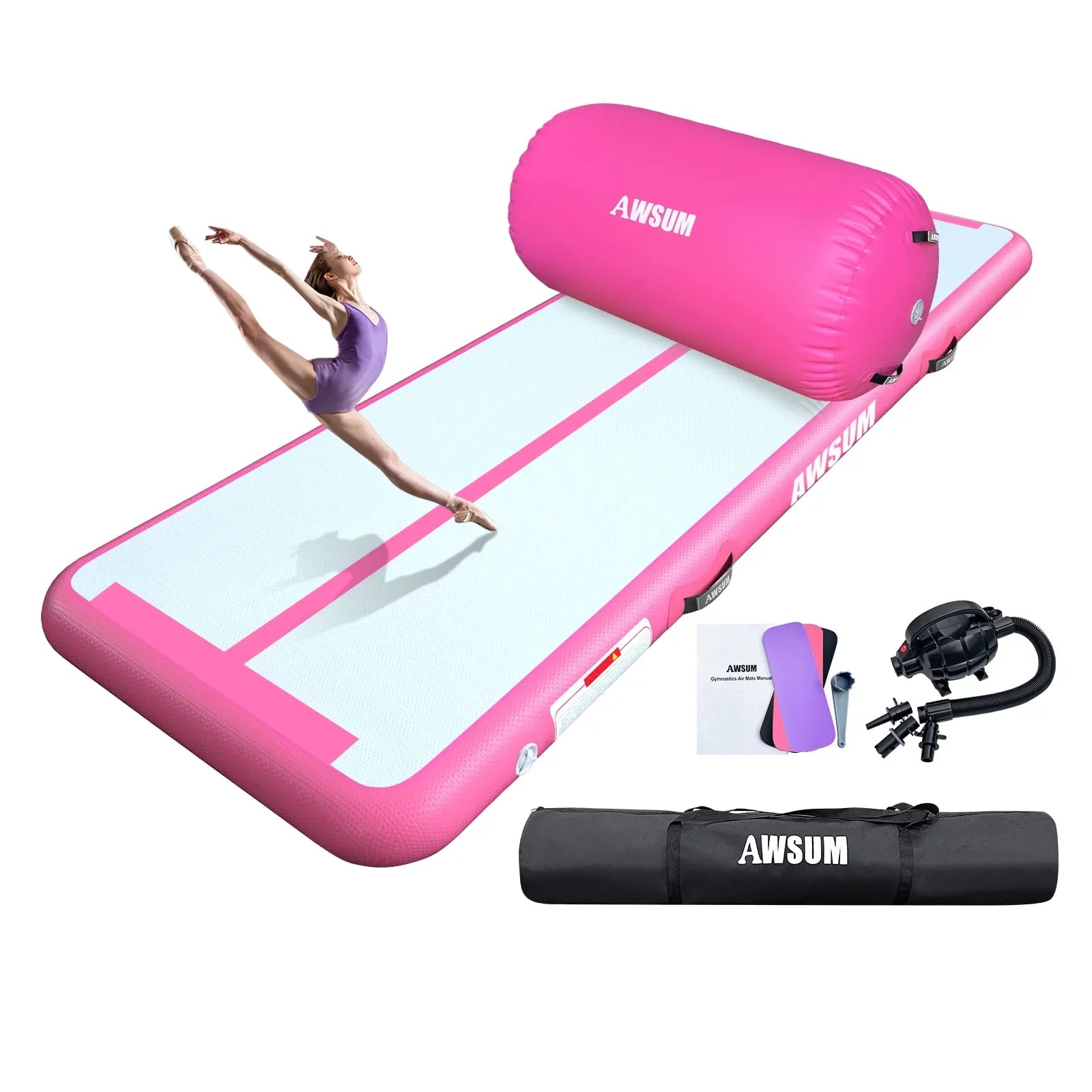2025 Colchón de gimnasia inflable AWSUM – disponible en longitudes de 10, 13 o 16 pies, grosor de 4 pulgadas, pista de acrobacias con rodillo inflable y bomba eléctrica para casa o gimnasio