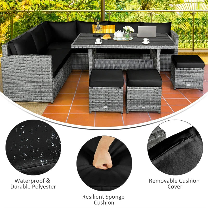 7 Pcs Rattan Patio Dining Furniture Sectional Sofa Set with Dining Table, Ottomans & Cushions