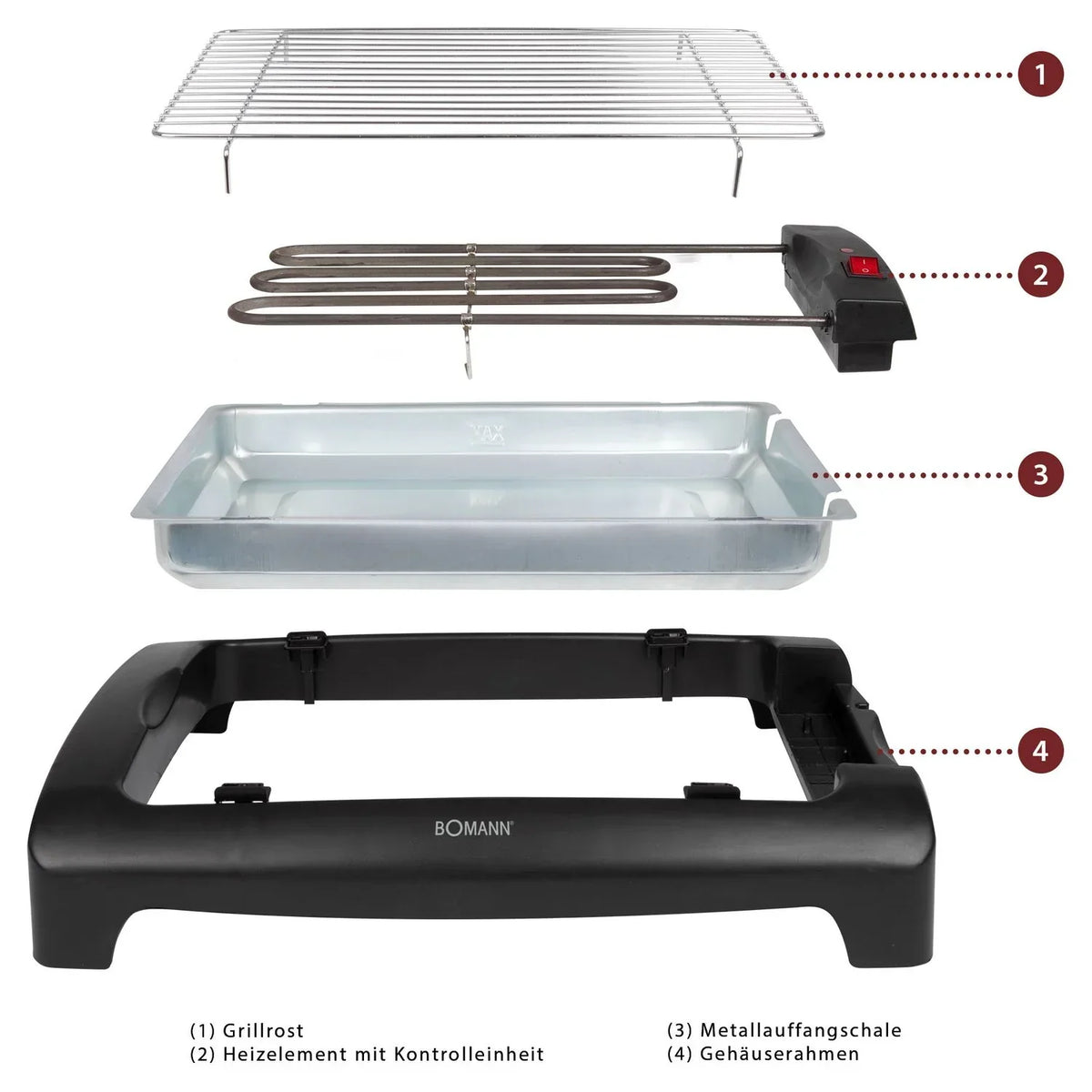 Bomann Bq 1240 - Barbacoa Eléctrica Con Parrilla Cromada De 35,5 X 24,5 Cm, 2000 W, Color Negro