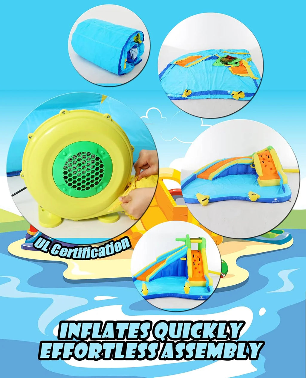 Tobogán acuático inflable 8-en-1 para niños: castillo inflable parque acuático con soplador de 450W, muro de escalada, piscina, 2 pistolas de agua, canasta de baloncesto, tobogán, rociador de cocodrilo – perfecto como regalo y para fiestas en el jard