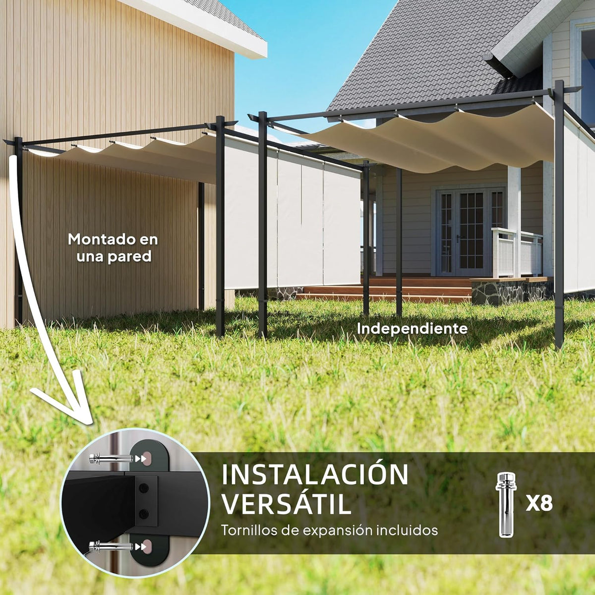 Outsunny Pérgola de Jardín 4x3 m con Techo Retráctil y 3 Laterales Enrollables, Cenador de Jardín Montado en Pared o Independiente, con UPF30+, Estructura Metálica, Pabellón para Exterior, Beige