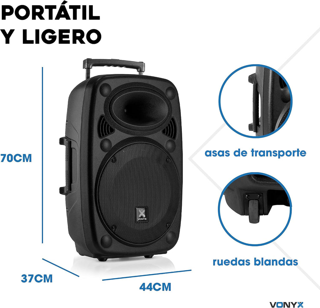 Vonyx Verve46 Leistungsstarker Bluetooth Lautsprecher 1000 W, Tragbarer Aktivlautsprecher mit Karaoke Mikrofon, Bluetooth Lautsprecher USB, SD, MP3, AUX, 2 UHF Mikrofonen, Fernbedienung, Subwoofer 15 Zoll, Schwarz
