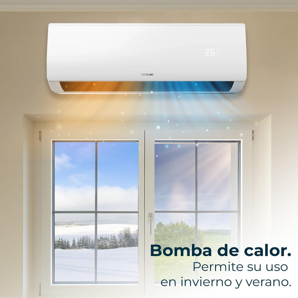 Cecotec Aire Acondicionado Split AirClima 9000 Smartfresh. 9000 BTU, Motor DC, Bomba de Calor, Mando a distancia, Pantalla LED, Sistema Inverter, 5 Modos, 8 Velocidades, Cobertura 16 m2 + compresor