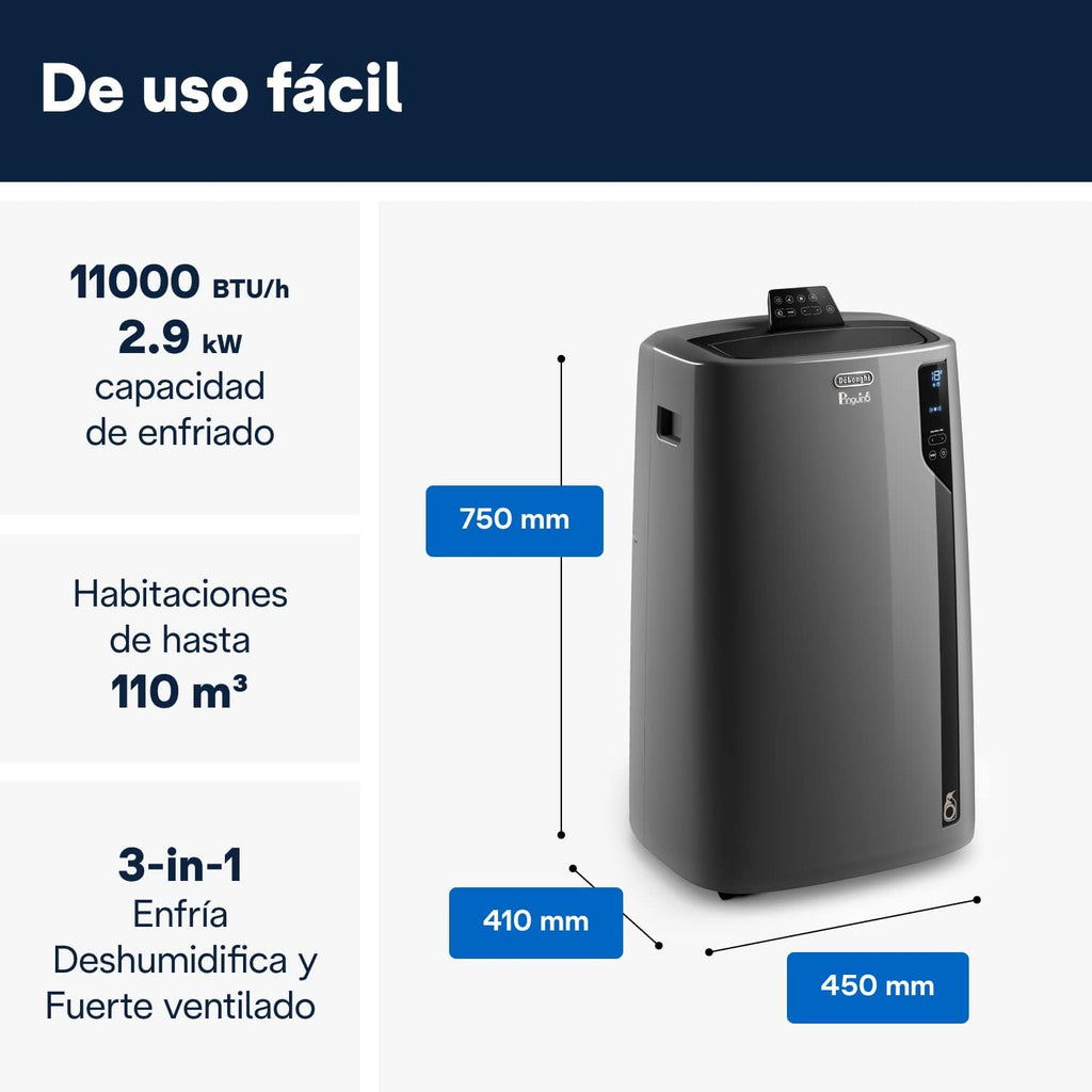 Pingüino PACEL112 Leises mobiles Klimagerät mit Eco-Real-Feel- und Cool-Surround-Technologie, Entfeuchterfunktion, 2,9 kW, 63 dB, Kunststoff, Schwarz, Energieeffizienzklasse A, bis zu 110m3