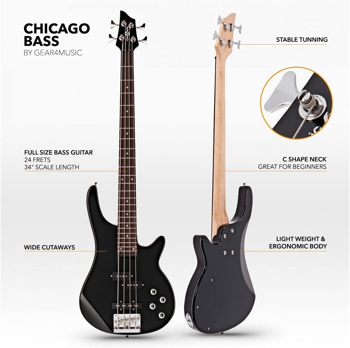 Gear4music Chicago E-Bass-Gitarre mit 15-W-Verstärker, 4 Saiten, schwarz